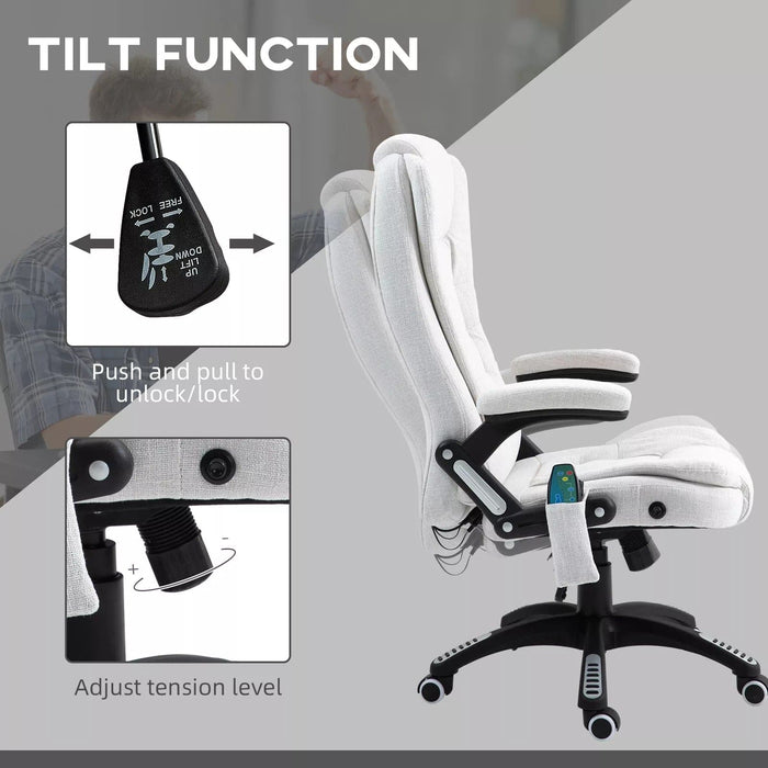 Image of a White Upholstered Desk Chair.

The chair features 6-point heated massage, swivel wheels, reclining backrest and adjustable height. 