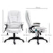 Image of a White Upholstered Desk Chair.

The chair features 6-point heated massage, swivel wheels, reclining backrest and adjustable height. 