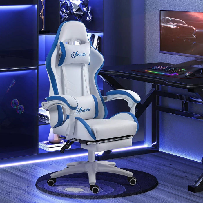 Image of a White and Blue Gaming Chair with lumbar support, swivel wheels, adjustable height, retractable leg rest, and reclining backrest.