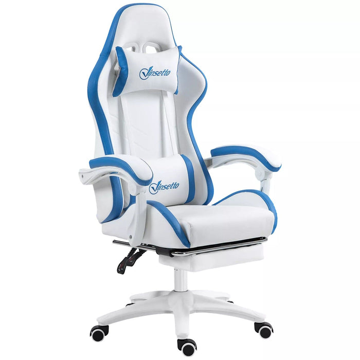 Image of a White and Blue Gaming Chair with lumbar support, swivel wheels, adjustable height, retractable leg rest, and reclining backrest.