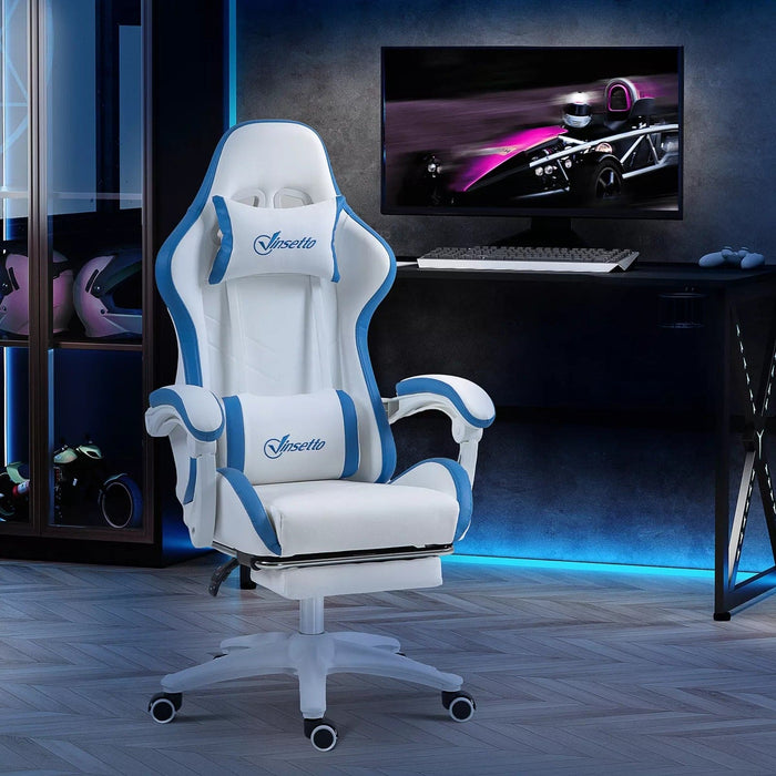 Image of a White and Blue Gaming Chair with lumbar support, swivel wheels, adjustable height, retractable leg rest, and reclining backrest.