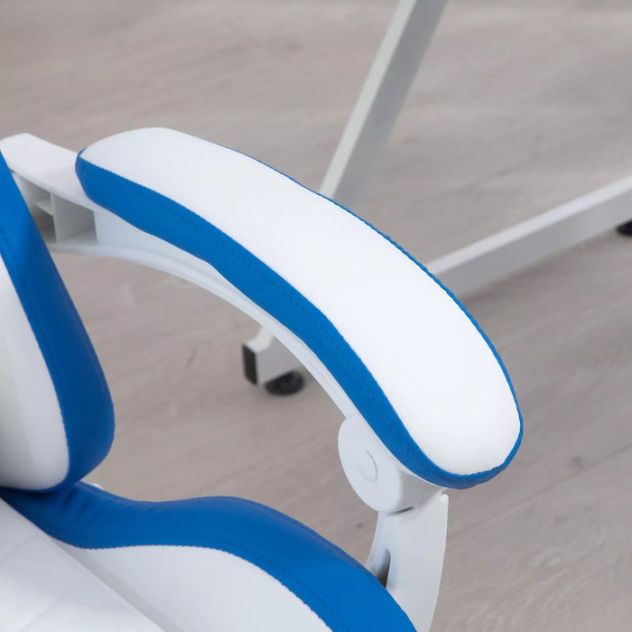 Image of a White and Blue Gaming Chair with lumbar support, swivel wheels, adjustable height, retractable leg rest, and reclining backrest.