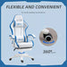 Image of a White and Blue Gaming Chair with lumbar support, swivel wheels, adjustable height, retractable leg rest, and reclining backrest.