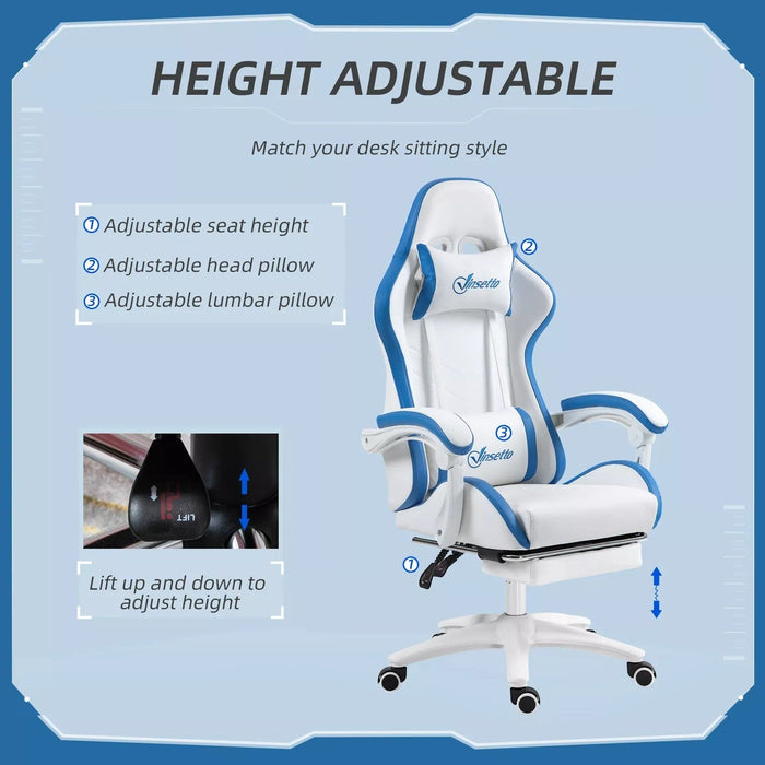 Image of a White and Blue Gaming Chair with lumbar support, swivel wheels, adjustable height, retractable leg rest, and reclining backrest.