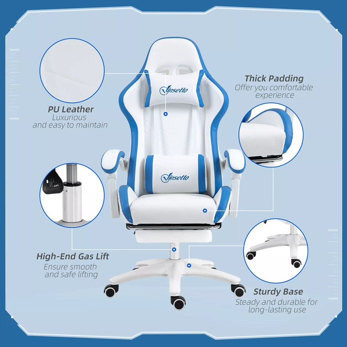 Image of a White and Blue Gaming Chair with lumbar support, swivel wheels, adjustable height, retractable leg rest, and reclining backrest.