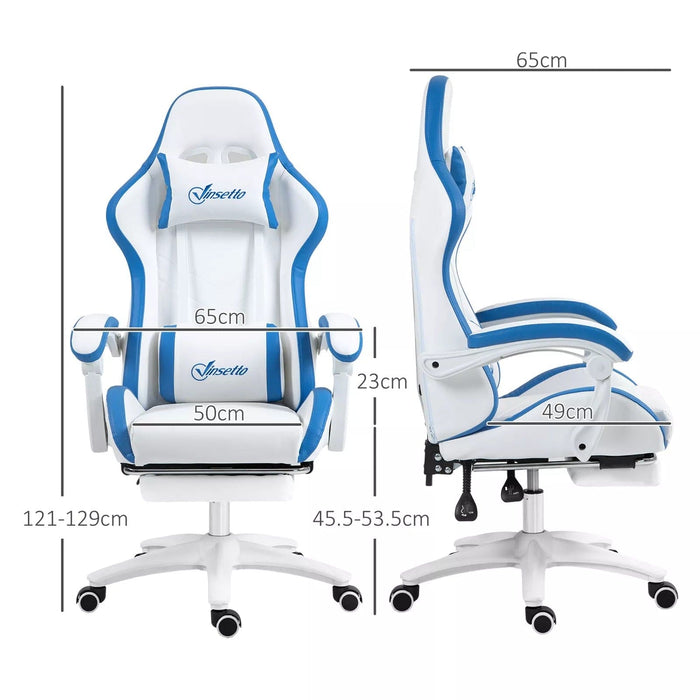 Image of a White and Blue Gaming Chair with lumbar support, swivel wheels, adjustable height, retractable leg rest, and reclining backrest.