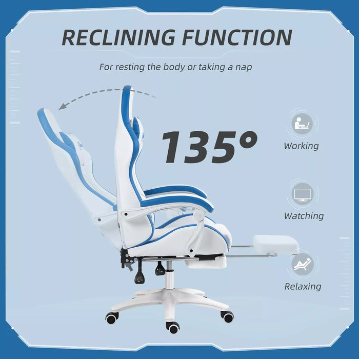 Image of a White and Blue Gaming Chair with lumbar support, swivel wheels, adjustable height, retractable leg rest, and reclining backrest.