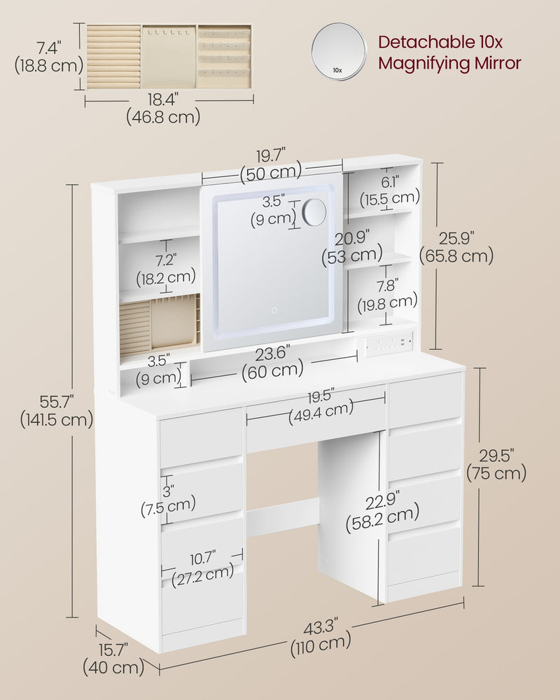 White dressing table with dimensions and a detachable magnifying mirror on a beige background