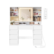 White vanity desk with LED illuminated mirror and various items on a white background