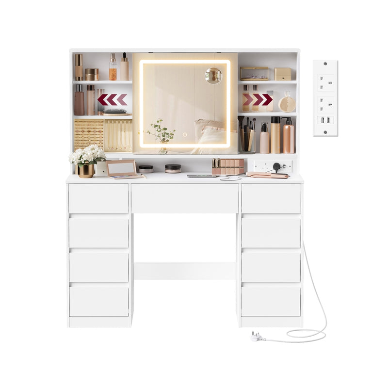 White vanity desk with LED illuminated mirror and various items on a white background