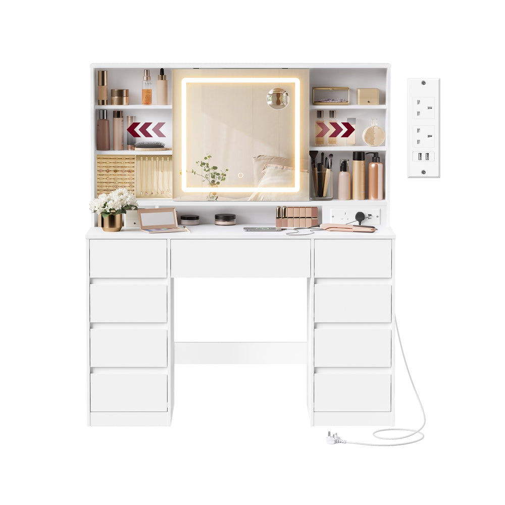 White vanity desk with LED illuminated mirror and various items on a white background