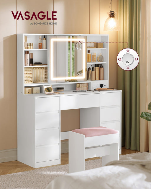 White vanity desk with adjustable LED mirror and in a room setting