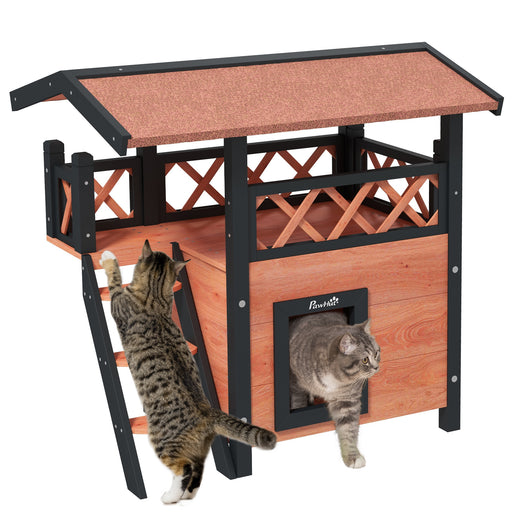 Outdoor Wooden Cat House With Balcony And Stairs Ideal For Garden Or Patio Use, Brown