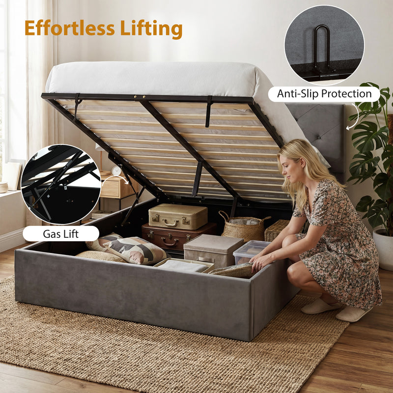 Ottoman King Size Bed Frame With Lift Up Storage & Velvet Headboard for Organised Bedrooms, Dark Grey Homcom