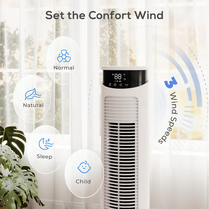 Tower Fan with Smart App Control and Quiet Sleep Mode for Home and Bedroom White AOSOM