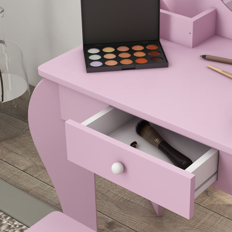 Kids Vanity Table with Mirror Stool and Storage Ideal for Ages 3 to 6 Years, Pink