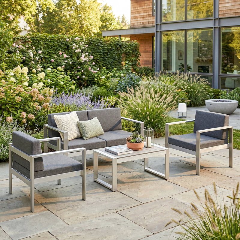 4-Piece Aluminium Garden Lounge Set with 10cm Deep Cushions and Wood-Effect Coffee Table, Dark Grey