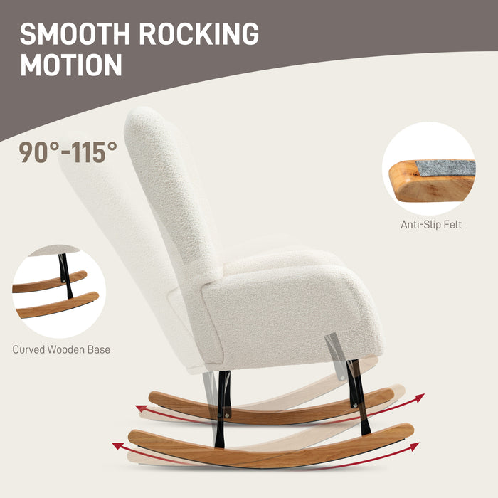 Cream White Teddy Fleece Wingback Rocking Chair with Wooden Base by HOMCOM