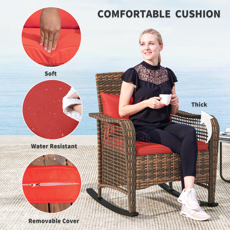 Red Rattan Rocking Chair with Cushions Steel Frame for Garden Patio Balcony by Outsunny