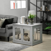 Wooden Dog Crate End Table with Triple Doors and Locks for Indoor Use Grey