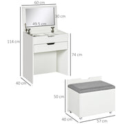 Dressing Table with Flip Up Mirror Drawer and Storage Stool for Bedroom or Lounge White