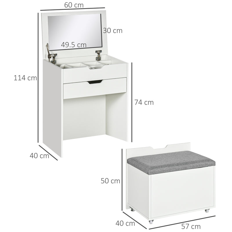 Dressing Table with Flip Up Mirror Drawer and Storage Stool for Bedroom or Lounge White