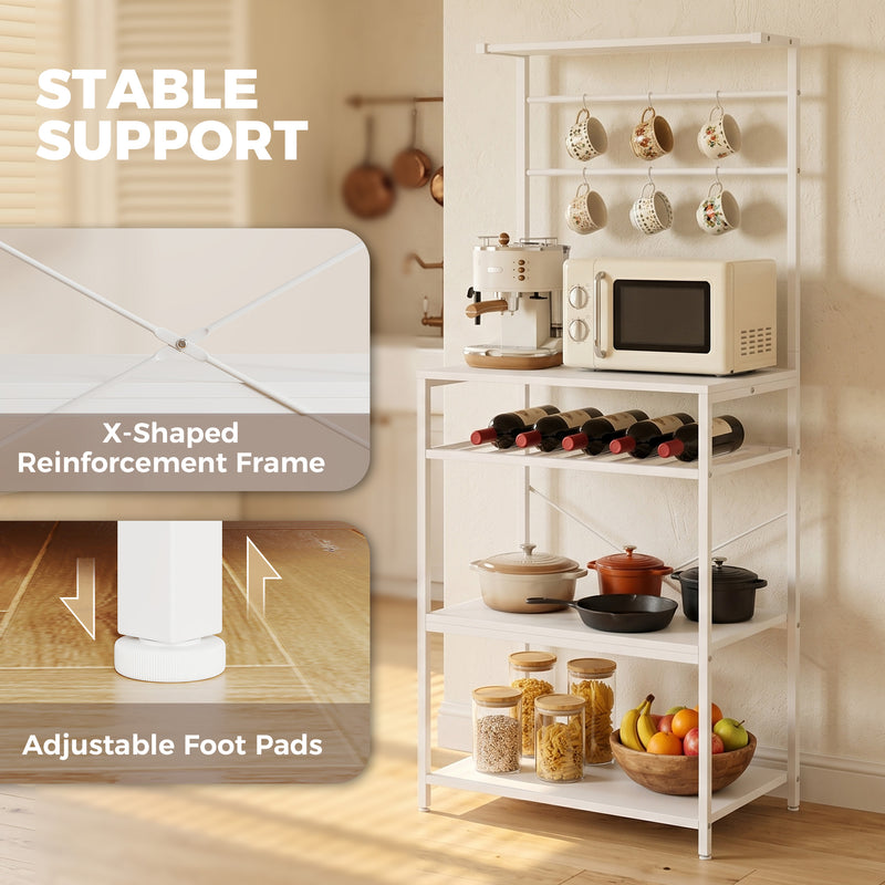 Kitchen Storage Shelf with Wine Rack and Hooks for Small Spaces White