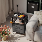 Bedside Table with USB Charging Station 2 Drawers & Storage Shelf for Bedroom or Living Room, Black