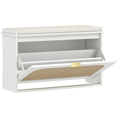 Boho Shoe Storage Bench with Padded Seat and Flip Drawer for Hallway Organisation White