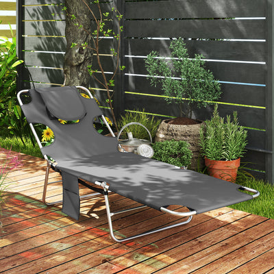 Dark Grey Folding Sun Loungers Set of 2 with Adjustable Backrest and Pillow for Garden or Beach