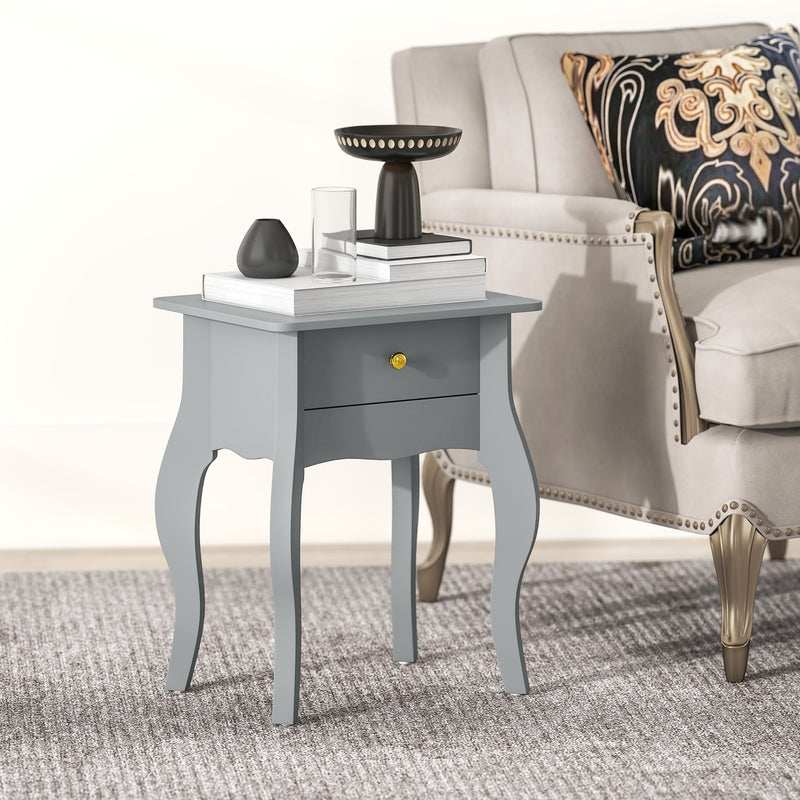 French Style Side Table With Storage Drawer Ideal For Bedrooms Or Living Rooms, Grey