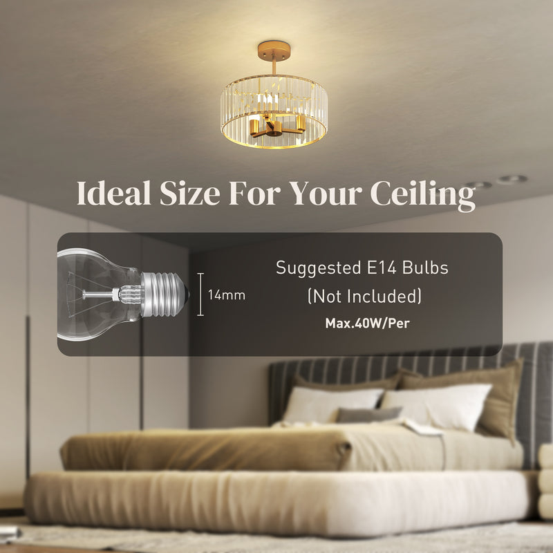 Modern Semi Flush Crystal Ceiling Light With 3 E14 Bulbs For Living Room, Gold Tone