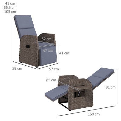 Rattan Reclining Garden Armchair with Footrest Ideal for Outdoor Relaxing Brown Grey AOSOM