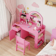 Kids Dressing Table and Chair Set with LED Mirror and Storage for Bedroom Playtime, Pink AOSOM
