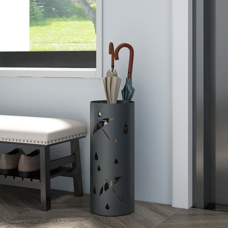 Freestanding Umbrella Stand with Drip Tray and Hooks Ideal for Hallway Storage, Dark Grey