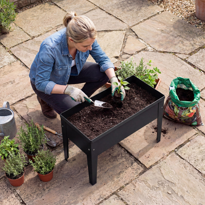 Raised Metal Garden Planter for Easy Standing Gardening on Balconies and Patios Black AOSOM