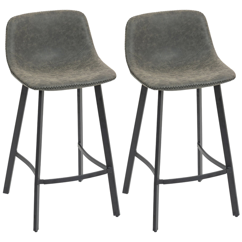 Set of 2 PU Leather Bar Stools with Backrest and Footrest for Kitchen or Breakfast Bar Grey
