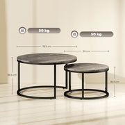 Set of 2 Round Nesting Coffee Tables with Faux Marble Top Steel Frame for Living Room Black