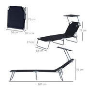 Black Foldable Sun Lounger Set With Adjustable Backrest And Sun Shade For Garden Patio