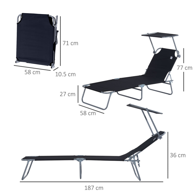 Black Foldable Sun Lounger Set With Adjustable Backrest And Sun Shade For Garden Patio