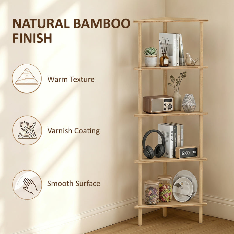 Bathroom Corner Shelf 5 Tier Bamboo Storage for Toiletries and Towels Natural Wood Finish