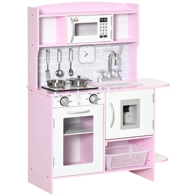 Wooden Play Kitchen, Lights, Sounds, Water Dispenser, Pink Homcom