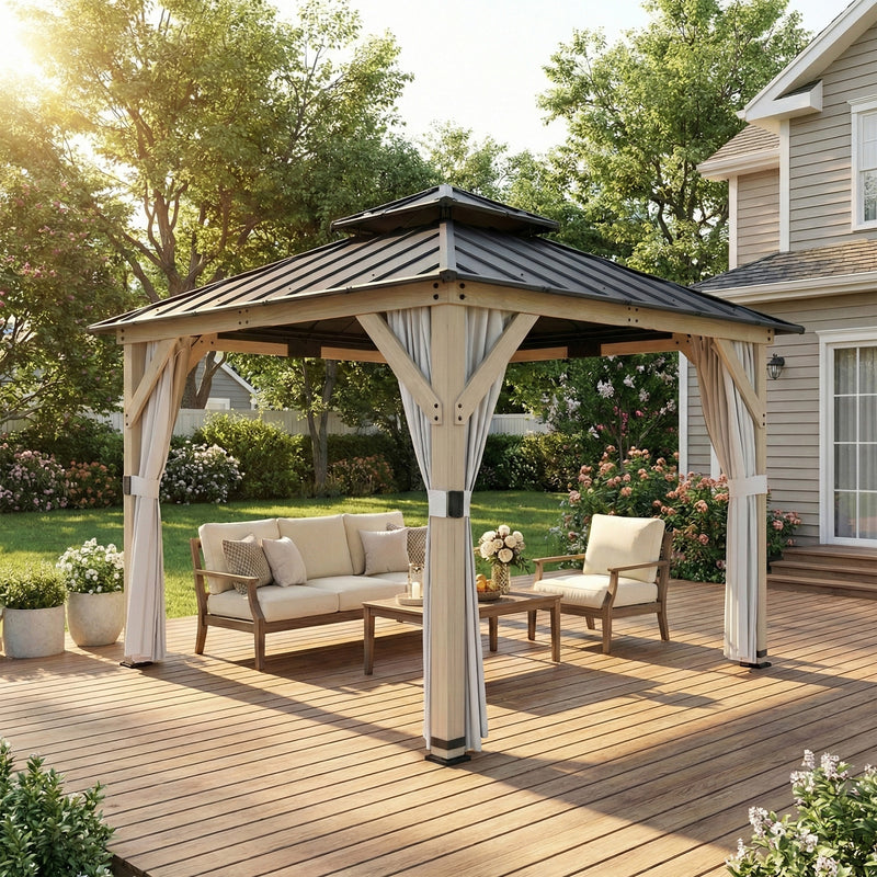 Wooden Garden Gazebo with Steel Roof for Year-Round Shelter and Privacy Weathered Grey