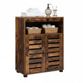 Wooden cabinet with shelves and baskets containing towels and bathroom items on a white background