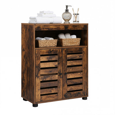 Wooden cabinet with shelves and baskets containing towels and bathroom items on a white background