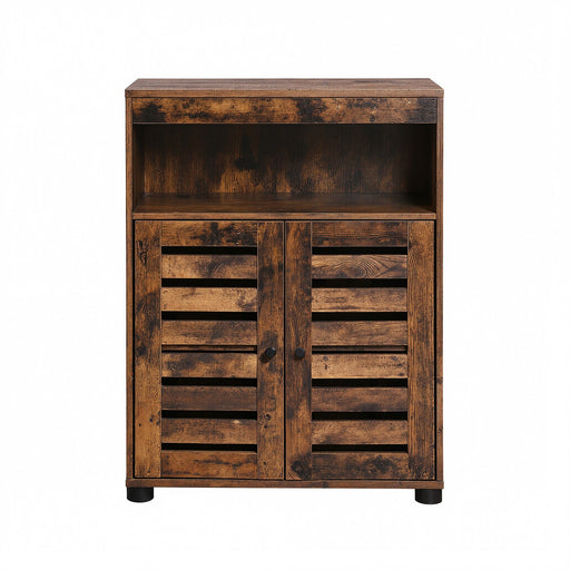 Wooden cabinet with slatted doors on a white background