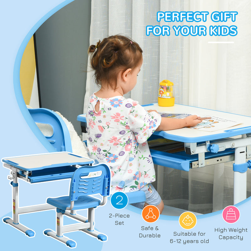 Blue Kids Height Adjustable Desk and Chair Set With Tilting Top and Storage Drawer