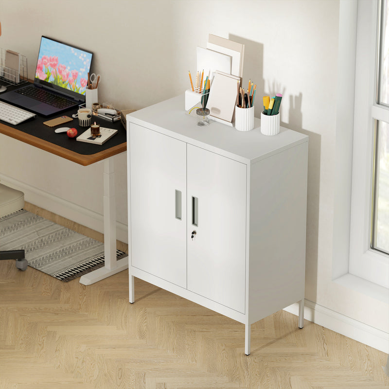 Metal Storage Cabinet With Lockable Doors And Adjustable Shelves For Office Use White