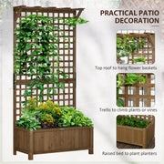 2 Piece Wooden Raised Planter Bed With Trellis For Climbing Plants And Veg, Brown