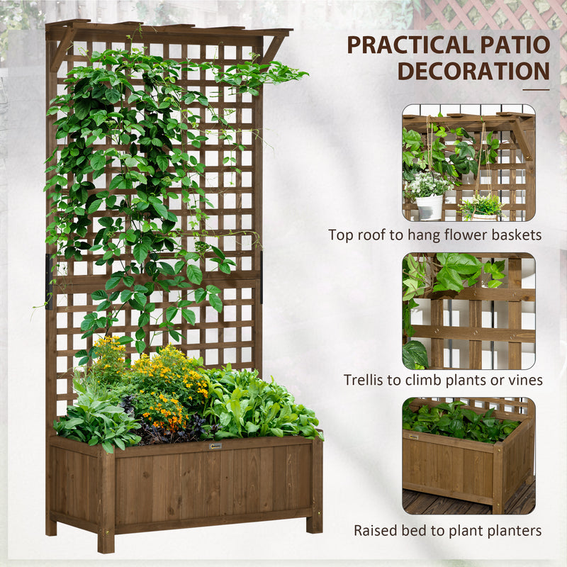 2 Piece Wooden Raised Planter Bed With Trellis For Climbing Plants And Veg, Brown